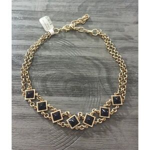L George Lou Onyx Gold Tone Double Chain Choker Necklace New